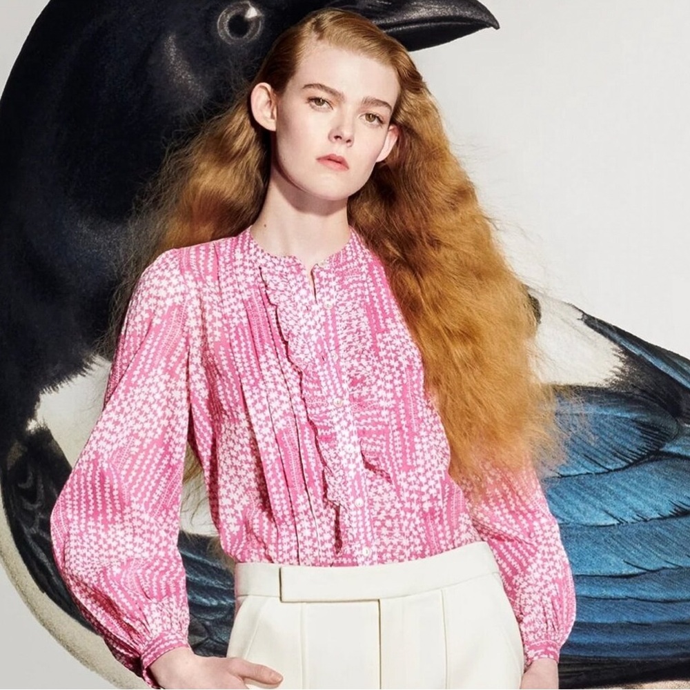 Banjanan Jennifer Floral Button Down Blouse in Maidengrass Vivid Pinks Print